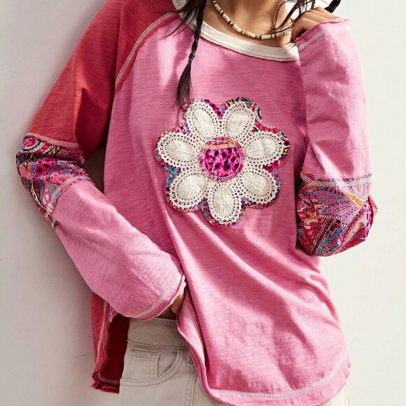 Multicolor Boho Casual Women's Long Sleeve Patchwork Graphic long sleeve T-Shirt - Picture 1 of 7